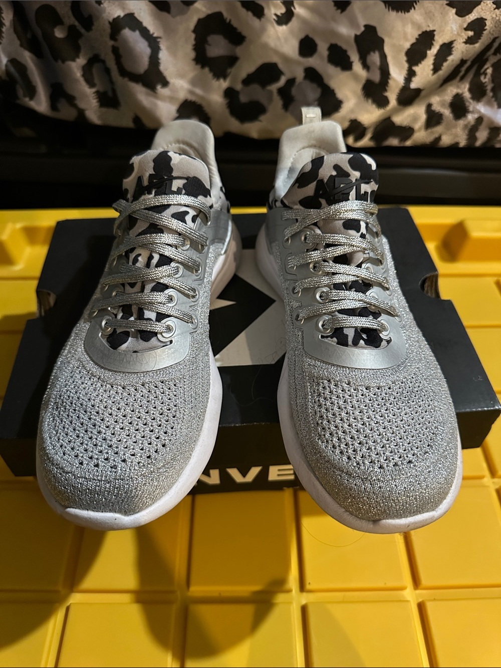 APL Women’s Silver Gray Knit Athletic Sneakers with Leopard Accent